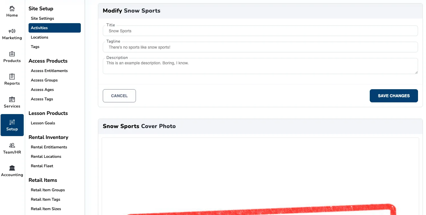 A screenshot of the activity setup page.