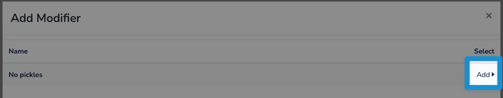 Screenshot of F&B Modifier Sets screen - add new modifier set click add button next to modifier