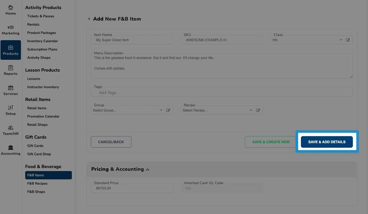 Screenshot of SnowCloud F&B Items screen - click save and add details button