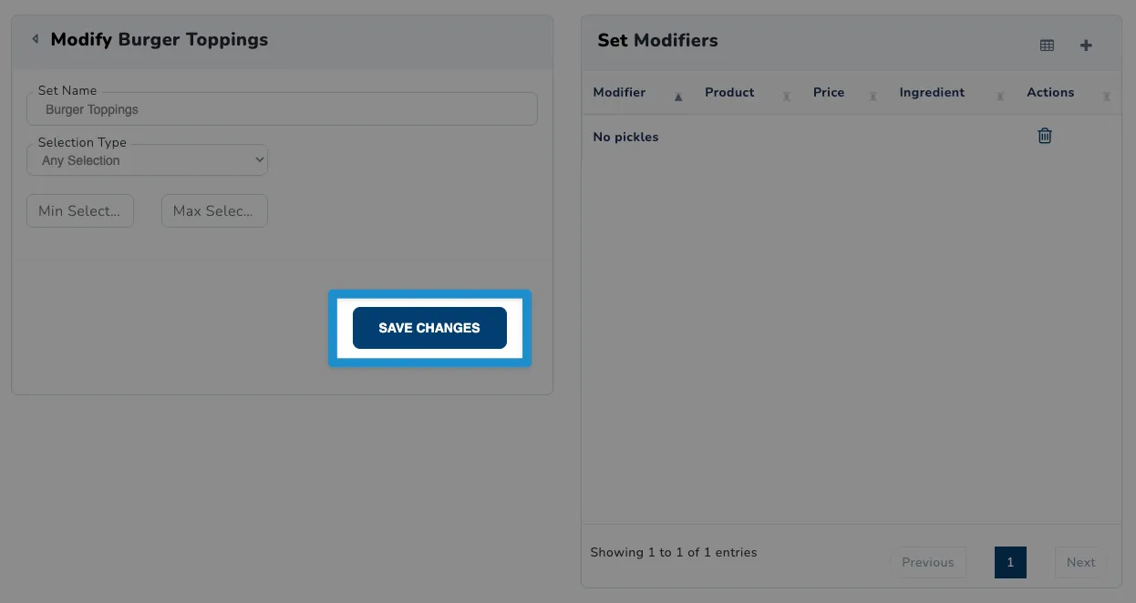 Screenshot of F&B Modifier Sets screen - add new modifier set click save changes button