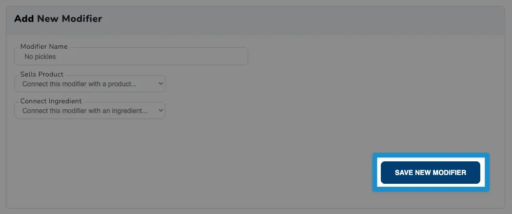 Screenshot of F&B Modifiers screen - click save new modifier button