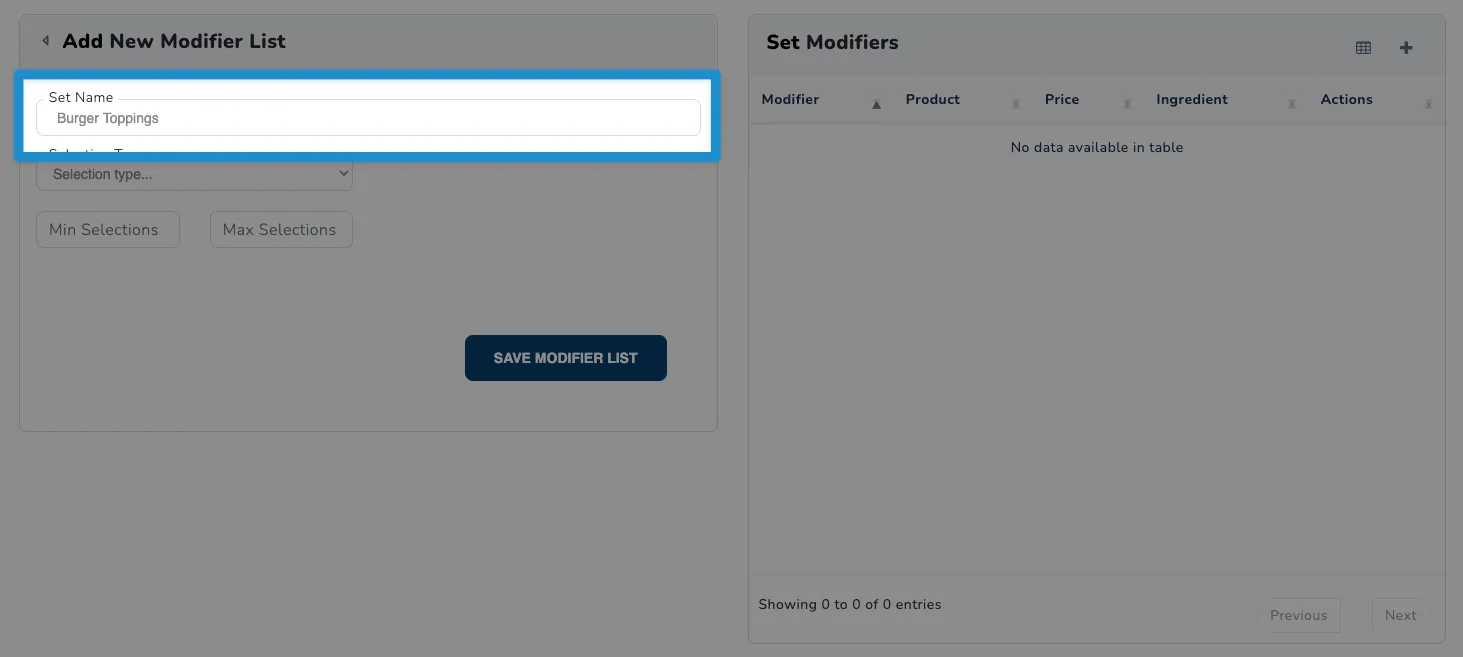 Screenshot of F&B Modifier Sets screen - add new modifier set name field