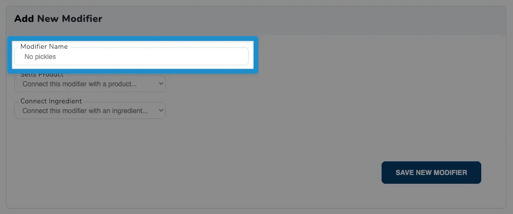 Screenshot of F&B Modifiers screen - add new modifier name field