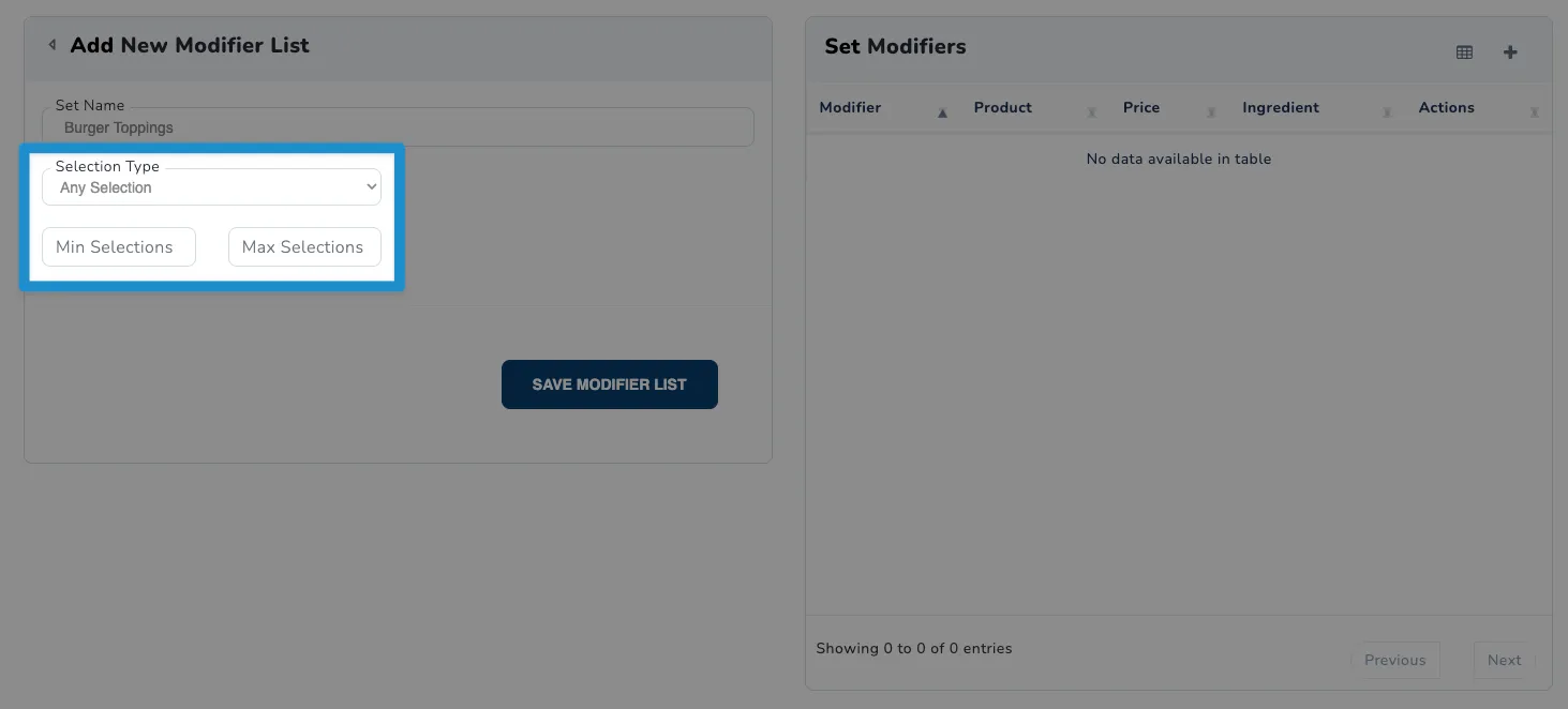 Screenshot of F&B Modifier Sets screen - add new modifier set selection type any filled