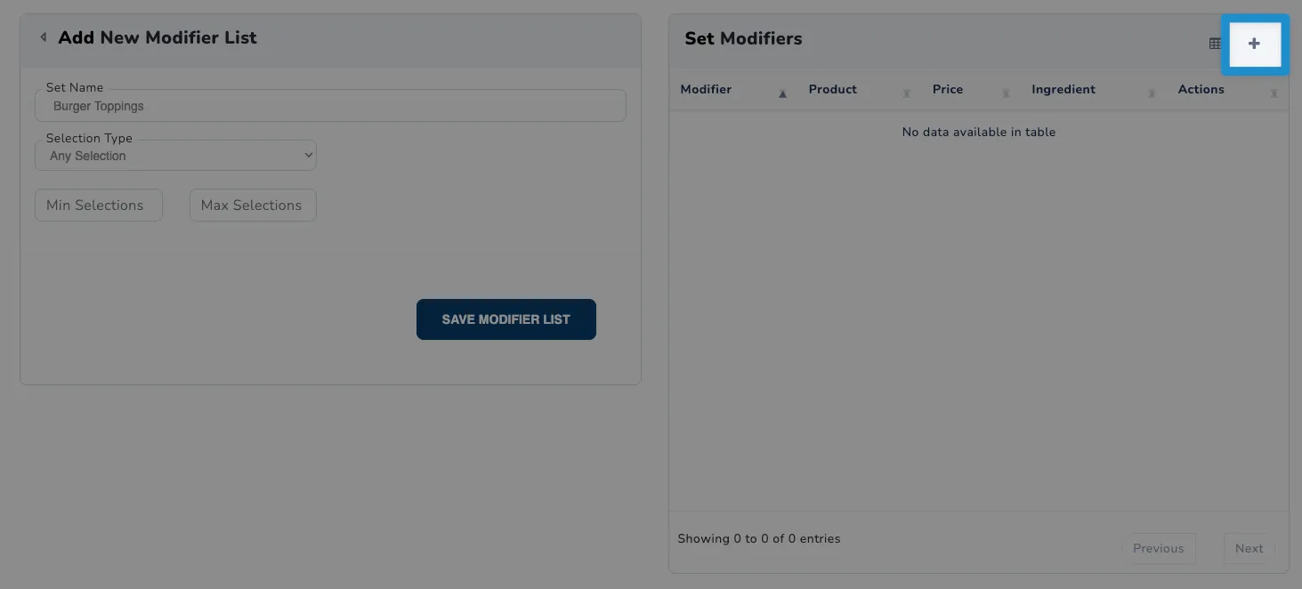Screenshot of F&B Modifier Sets screen - add new modifier set modifiers click plus icon
