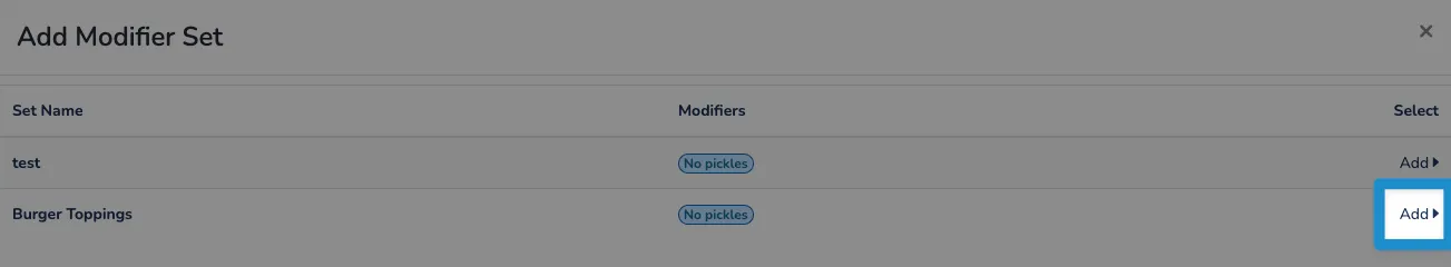 Screenshot of F&B Items screen - add modifier list click add button next to modifier set