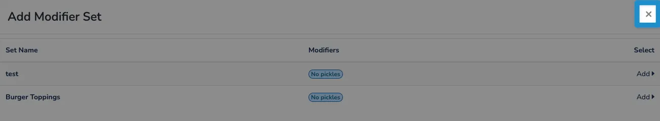 Screenshot of F&B Modifier Sets screen - add new modifier set click close X icon