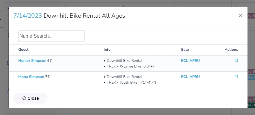A screenshot detailing the guests arriving for rental product on a certain day.