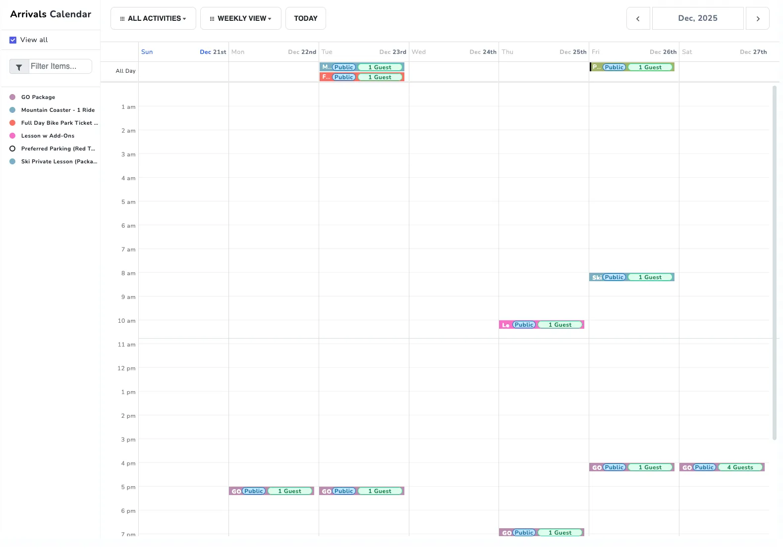 A screenshot of the arrivals calendar