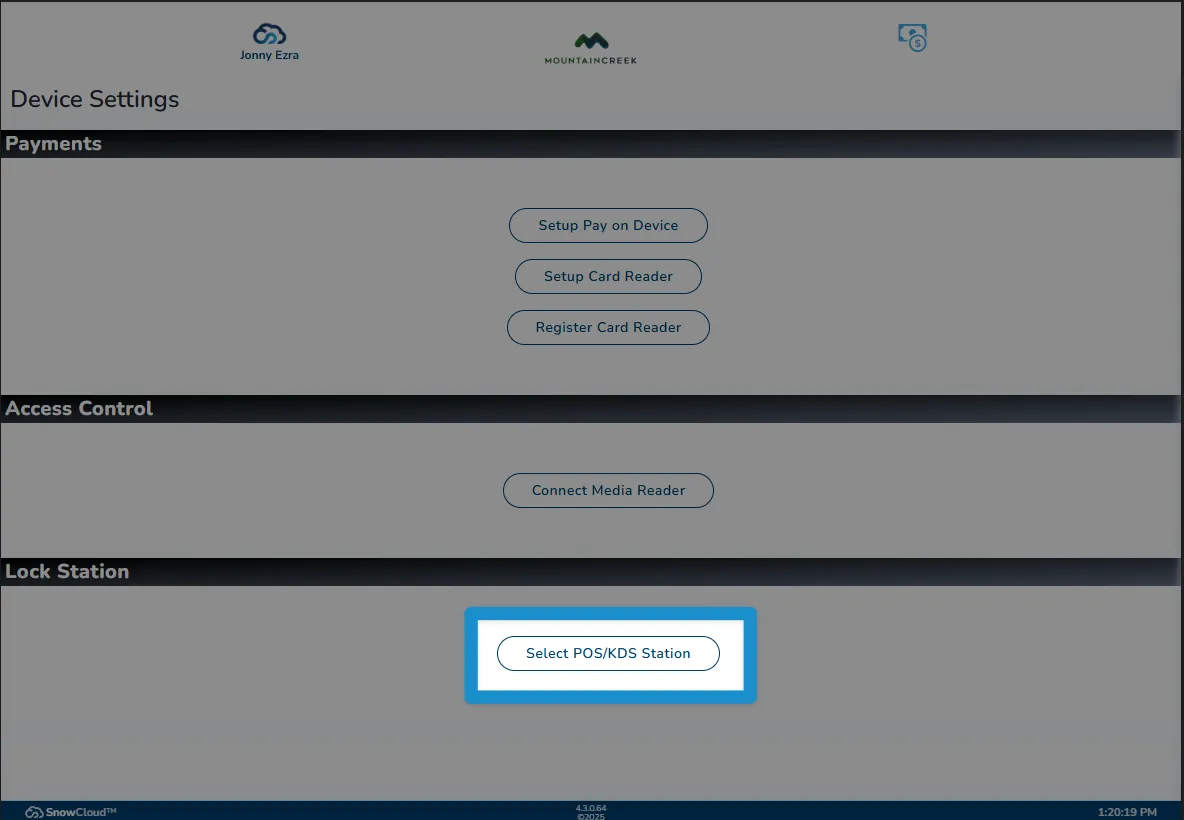 Screenshot of Device Settings showing Lock Station section with Select POS/KDS Station button