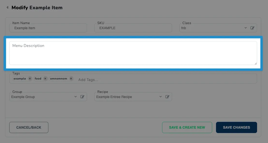 Food and Beverage Item Description Field