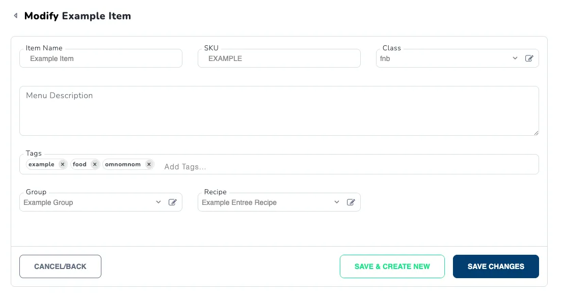 Food and Beverage Item General Settings