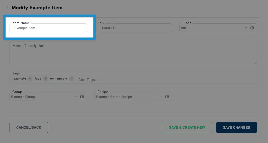 Food and Beverage Item Name Field