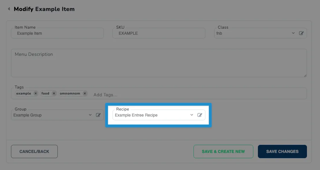 Food and Beverage Item Recipe Field