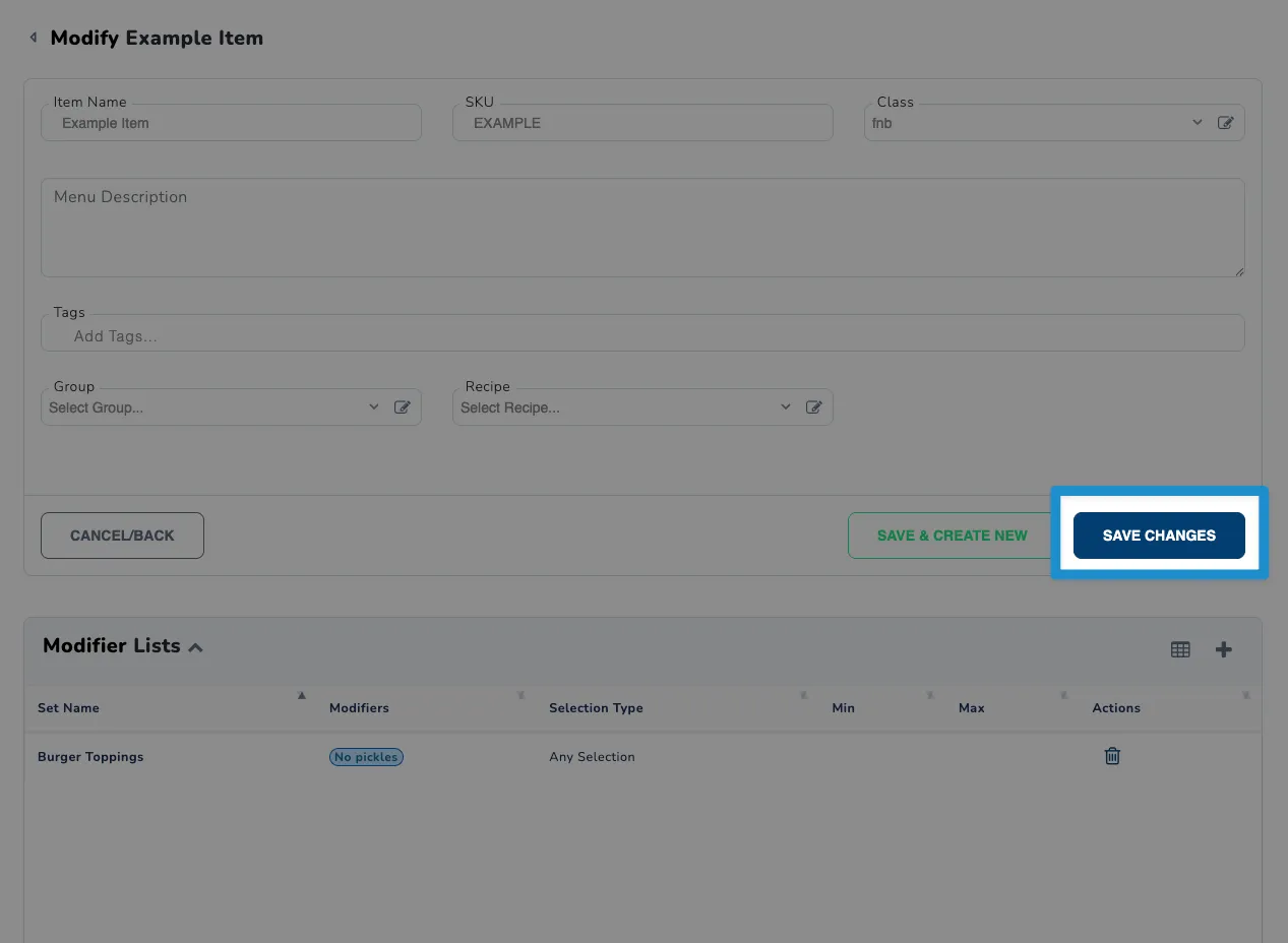 Screenshot of F&B Items screen - save changes button