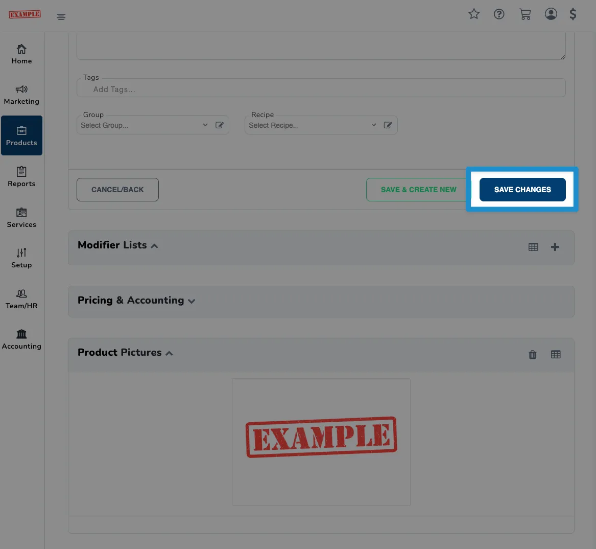 Screenshot of SnowCloud F&B item configuration screen - click save changes button