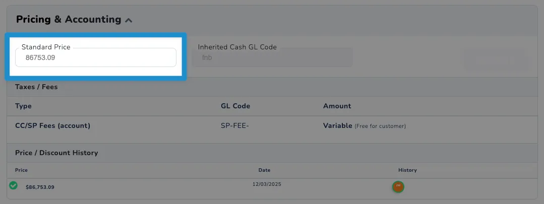 Food and Beverage Item Standard Price Field