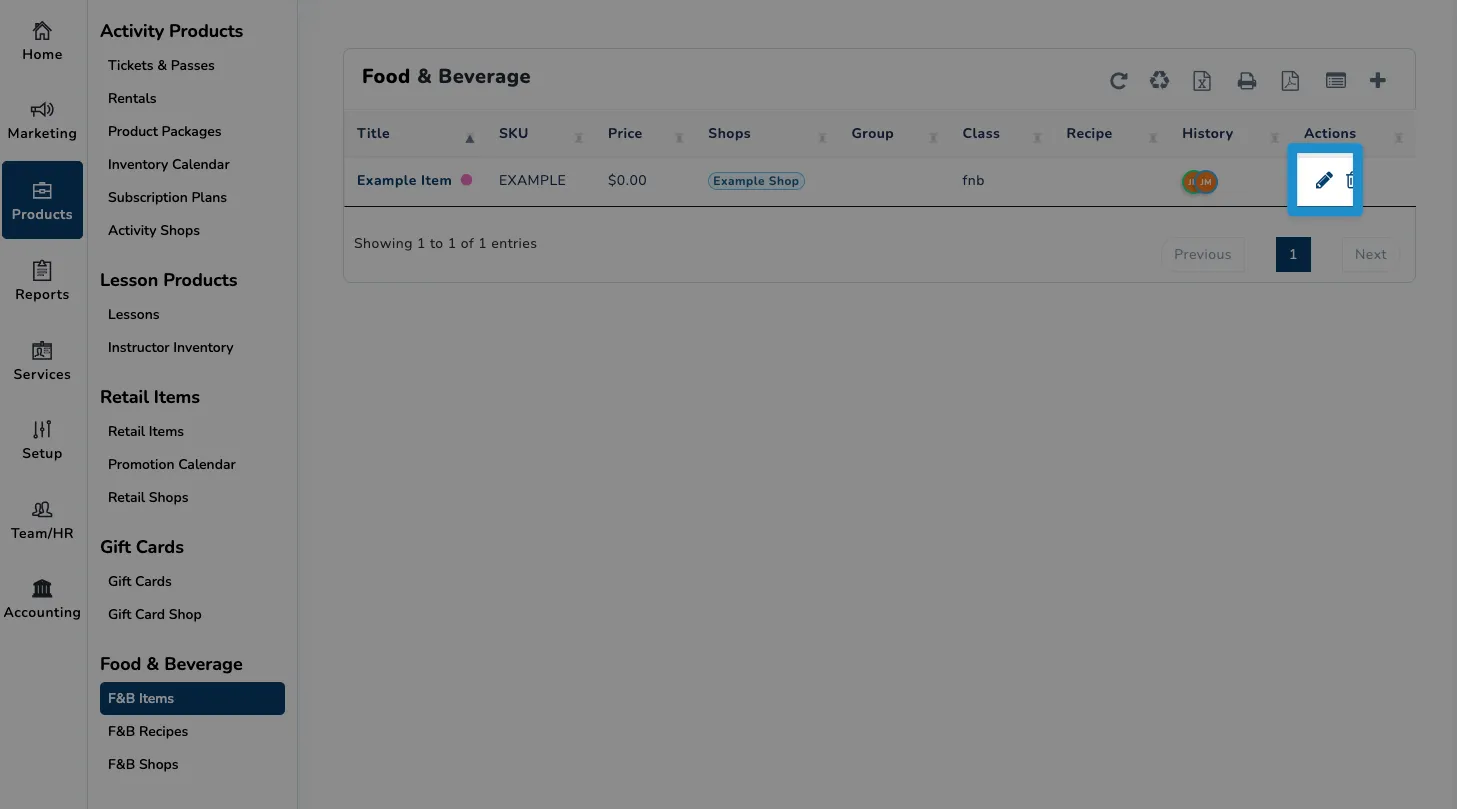 Screenshot of SnowCloud F&B Items screen - click pencil icon to edit item