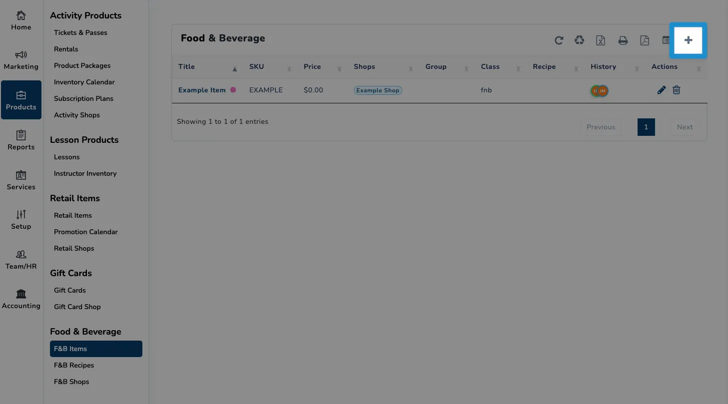 Screenshot of SnowCloud F&B Items screen - click plus icon to add new item