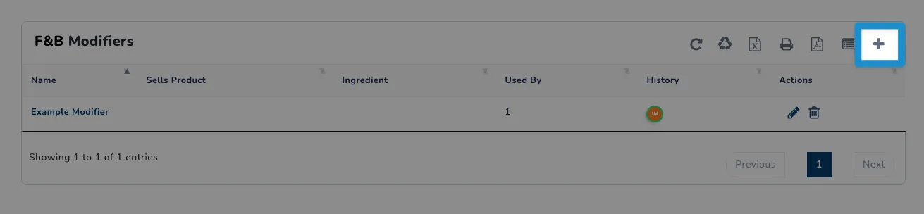 Screenshot of F&B Modifiers screen - click plus icon to add new modifier