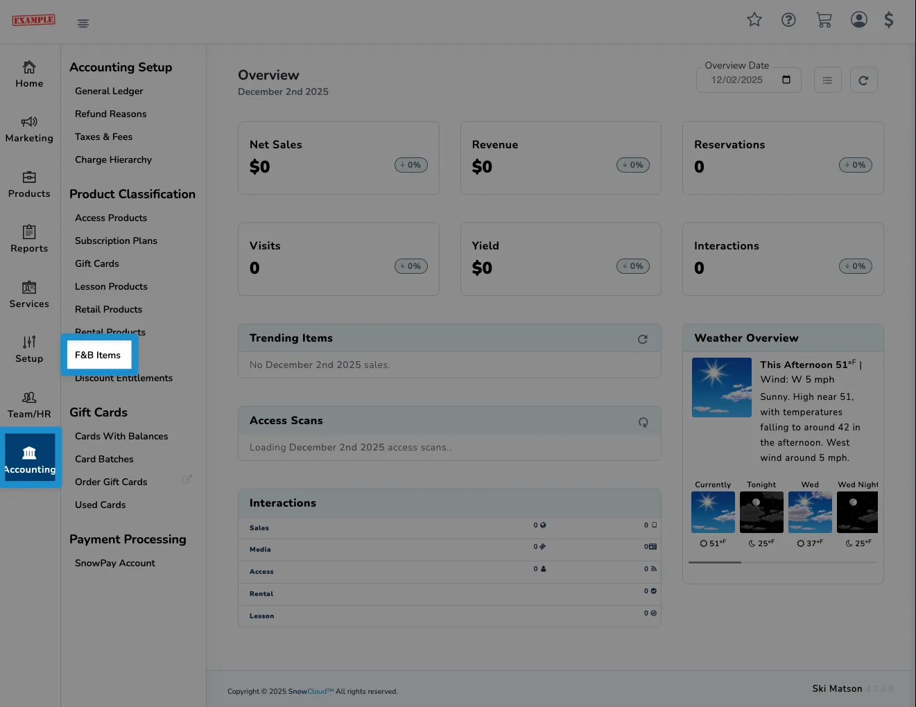 Screenshot of SnowCloud Dashboard - Left Navigation Accounting F&B Items