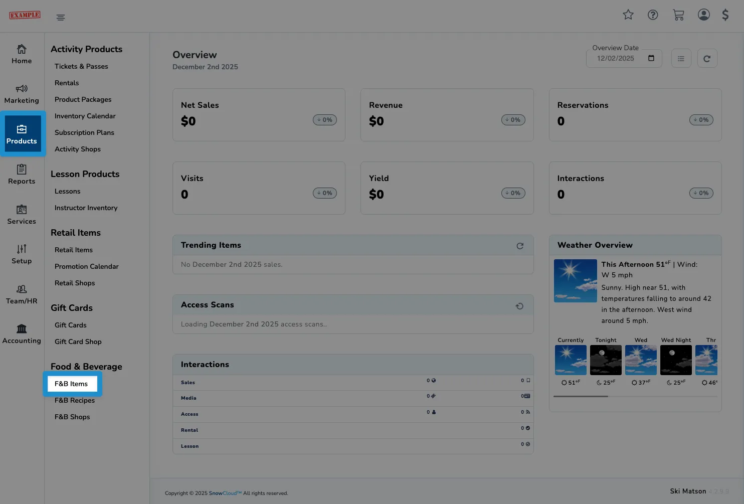 Screenshot of SnowCloud Dashboard - left navigation product F&B items