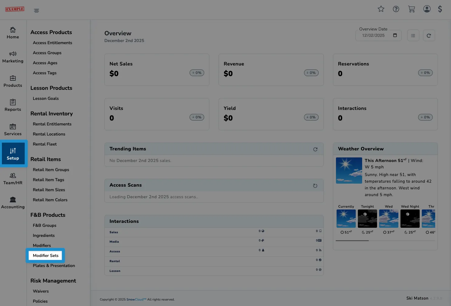 Screenshot of SnowCloud Dashboard - left navigation setup modifiers