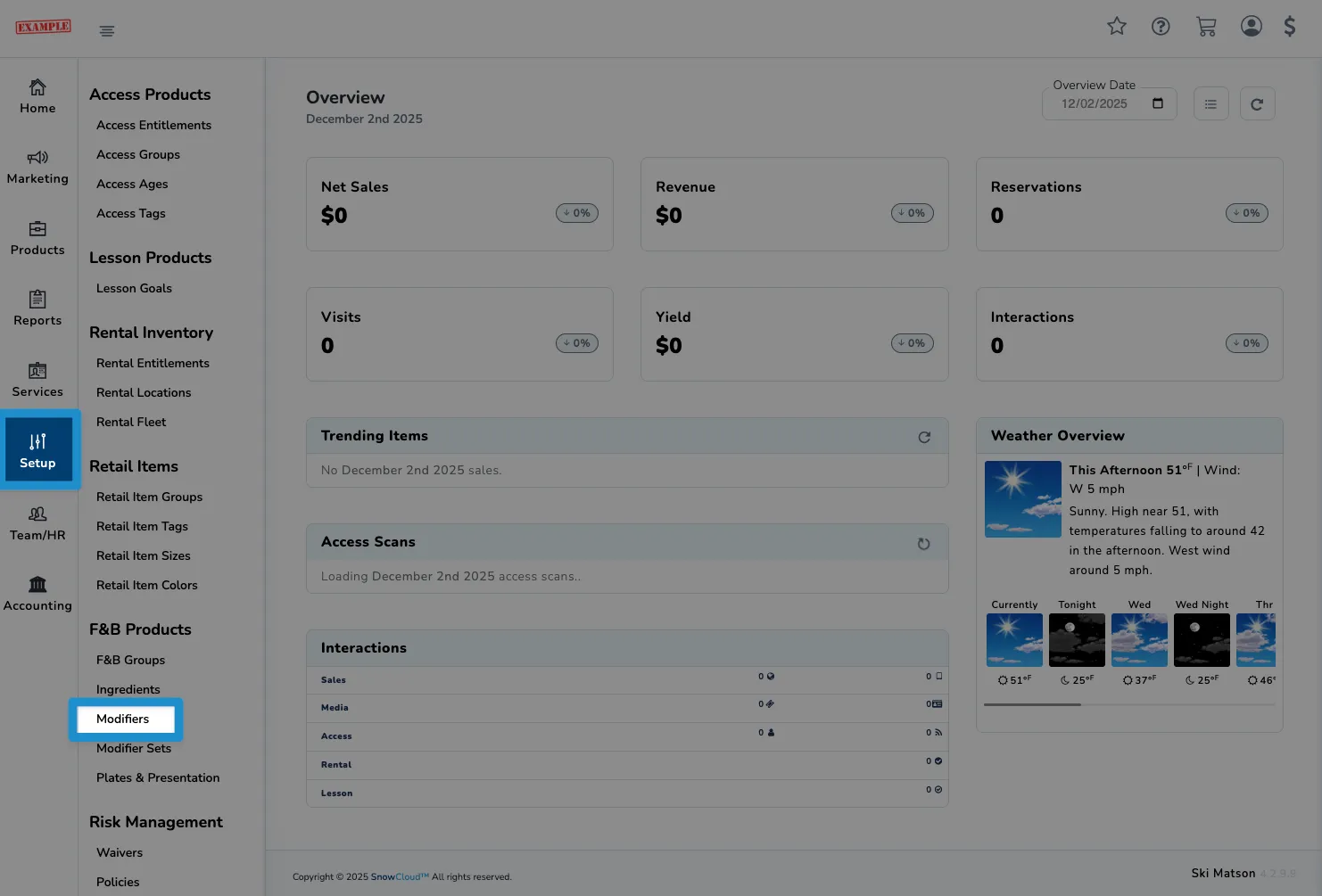 Screenshot of SnowCloud Dashboard - left navigation setup modifiers