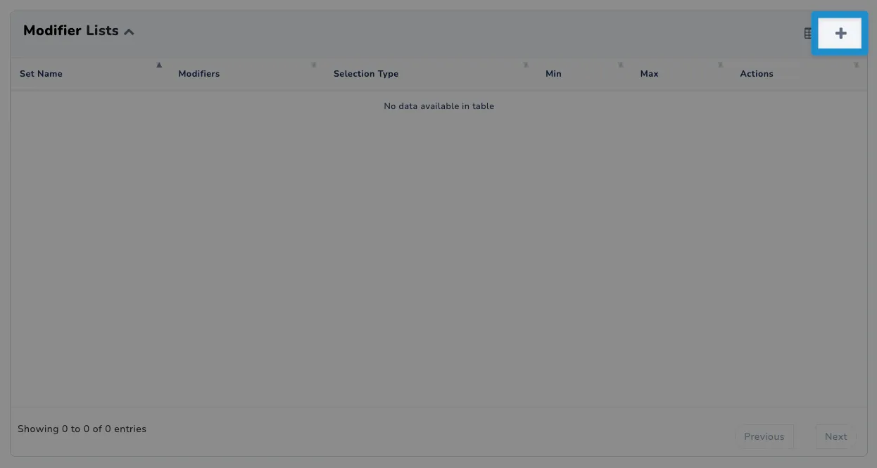 Screenshot of F&B Items screen - add modifier list click plus icon