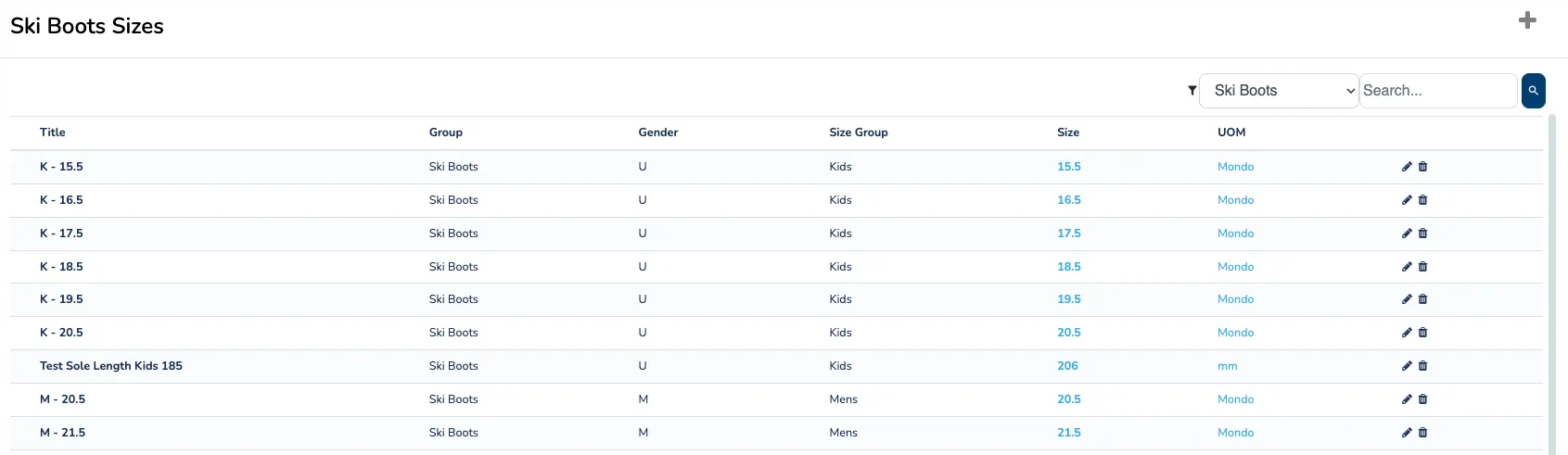 The Rental Sizes configuration page