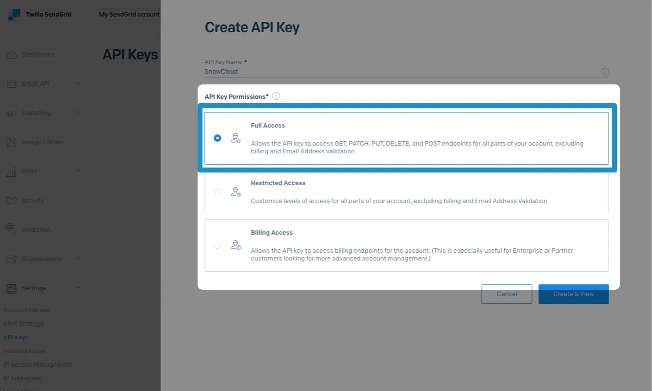 Screenshot: select full access
