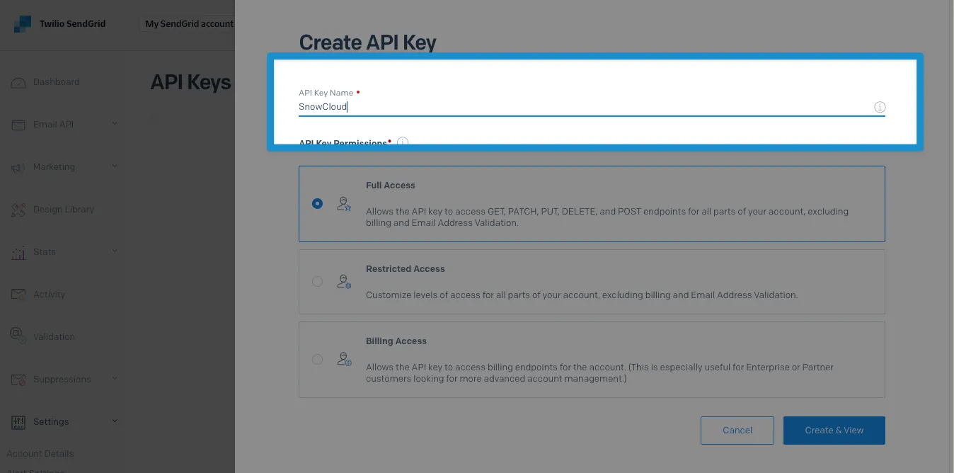 Screenshot: API key name