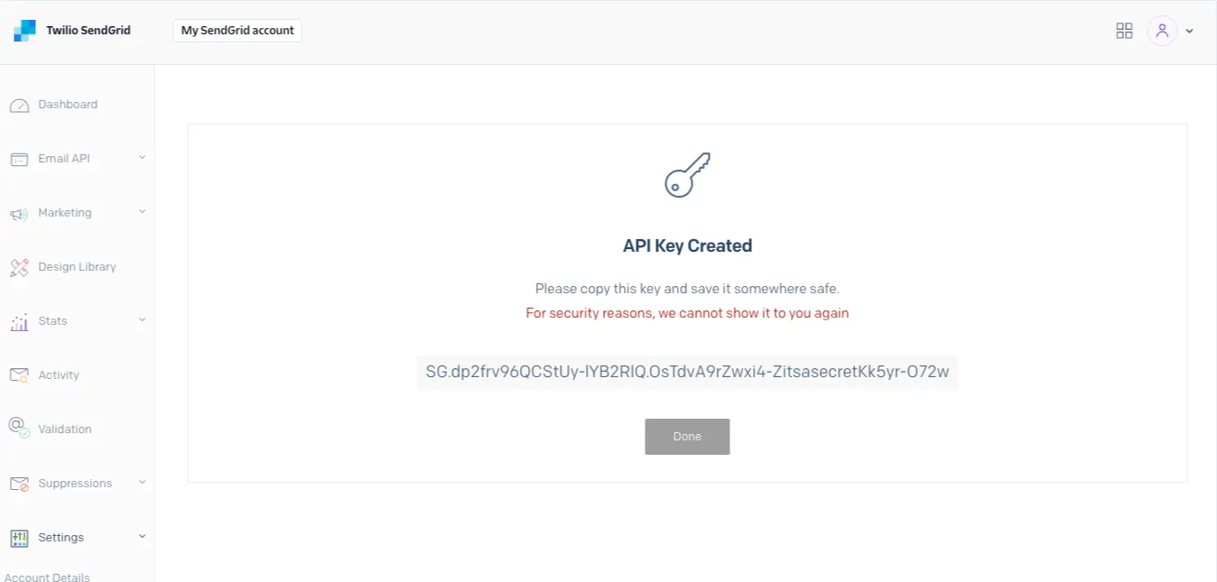 Screenshot: create and view API key