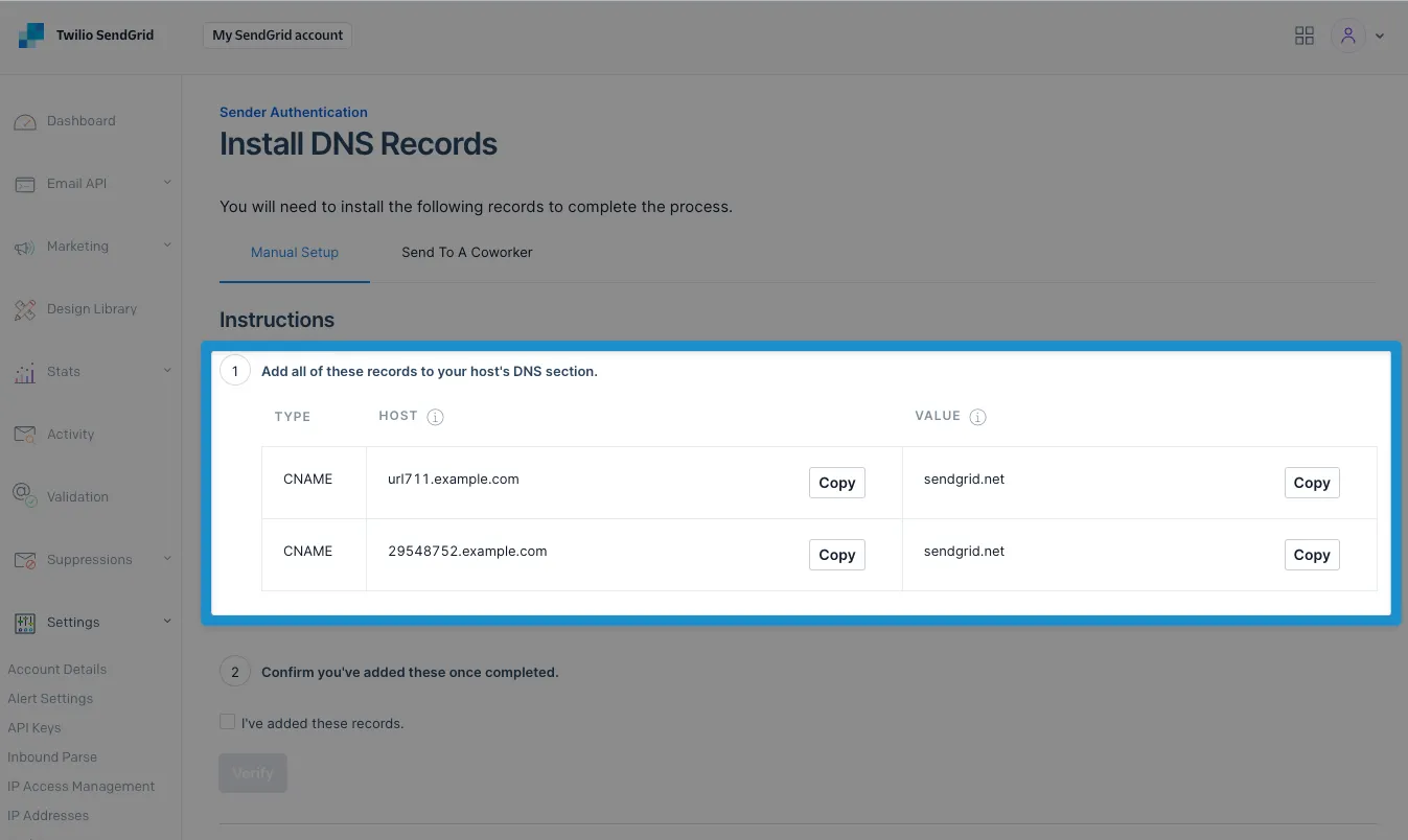 Screenshot: DNS records for link branding
