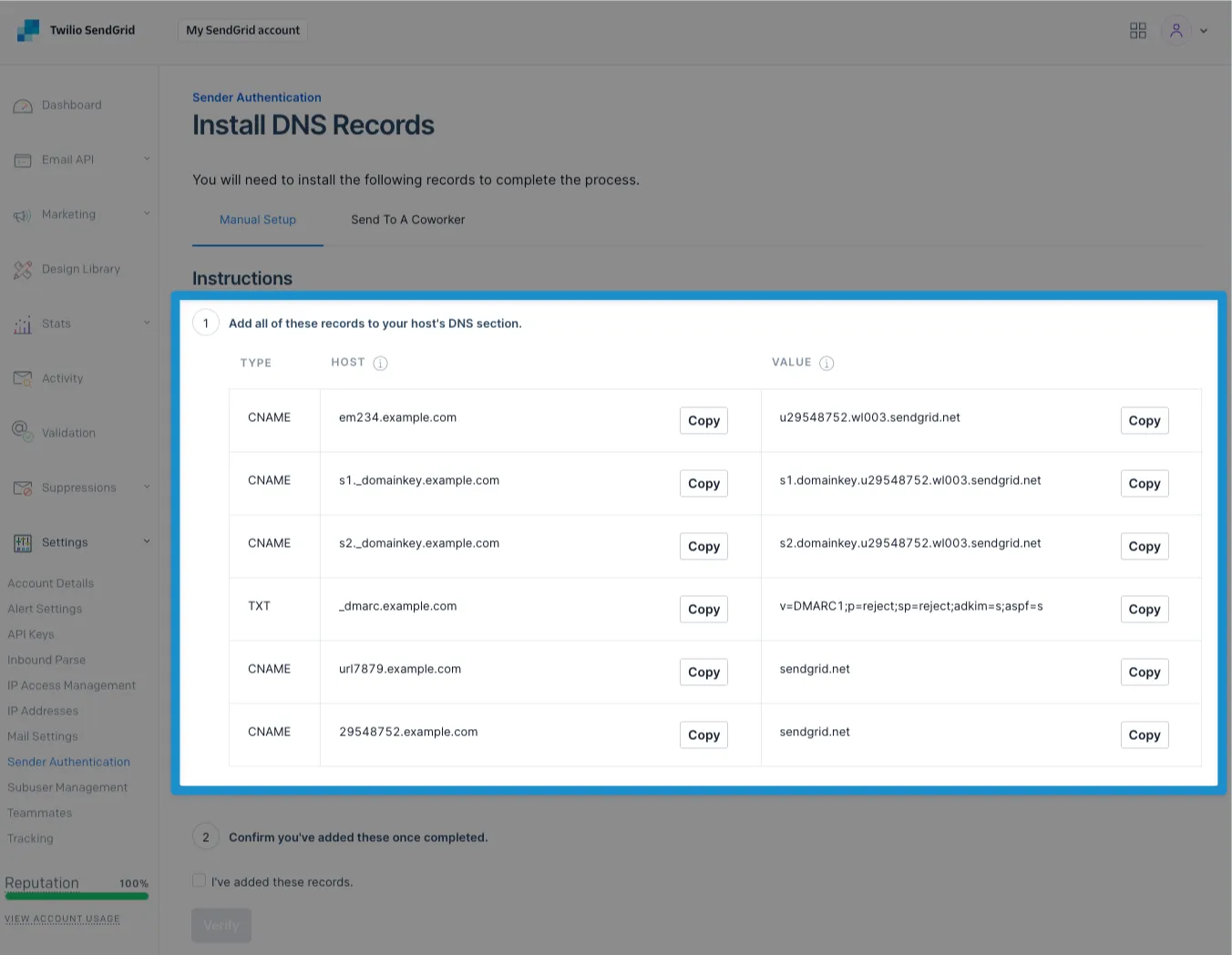 Screenshot: sender authentication dns records