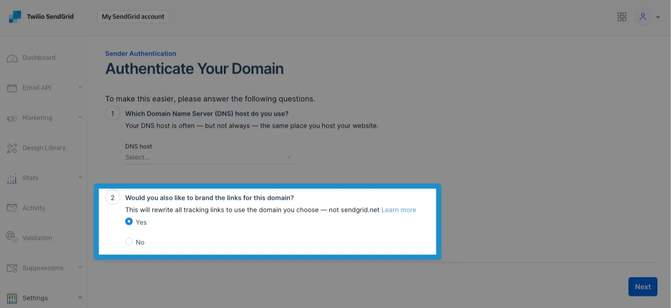 Screenshot: enable branded links