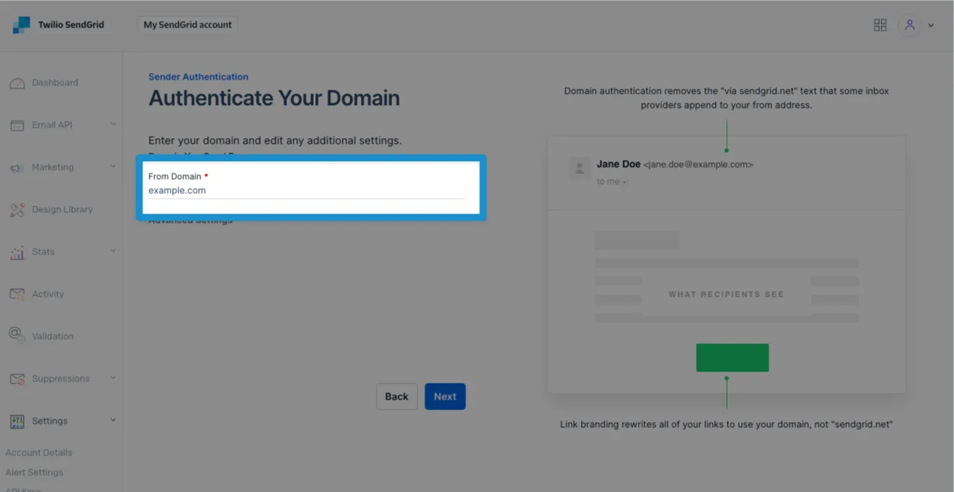 Screenshot: enter your sender domain