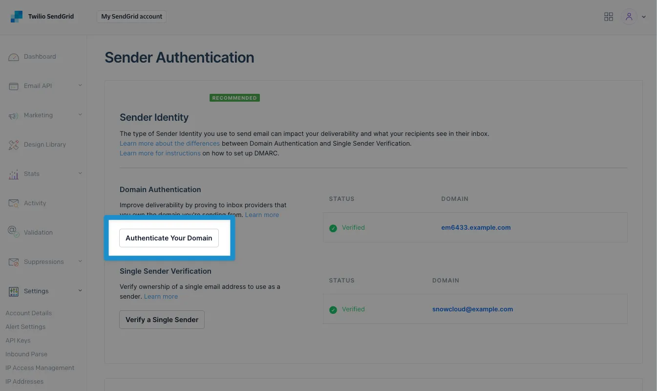 Screenshot: click authenticate your domain