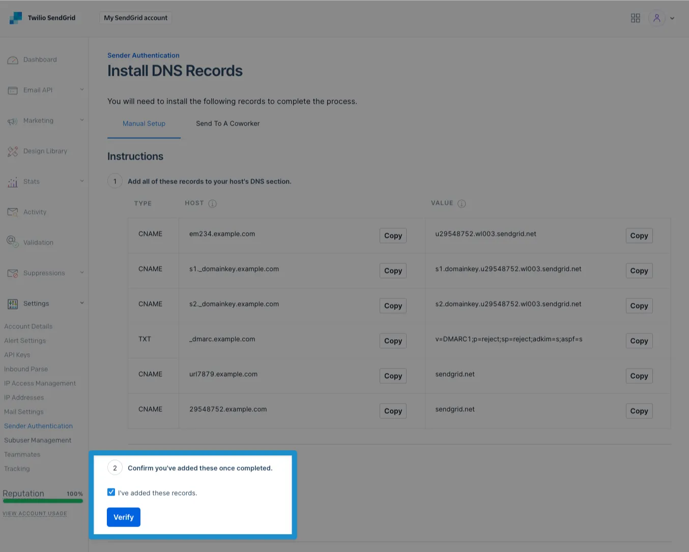 Screenshot: click verify