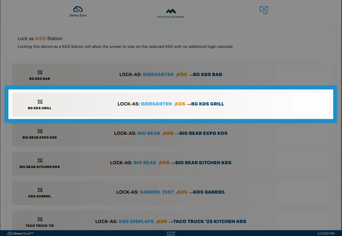 Screenshot of station selection list showing available KDS stations
