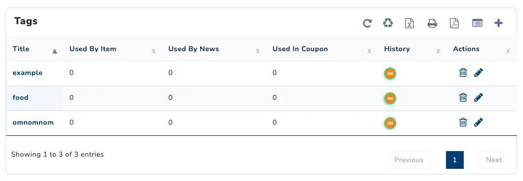 The Tags page